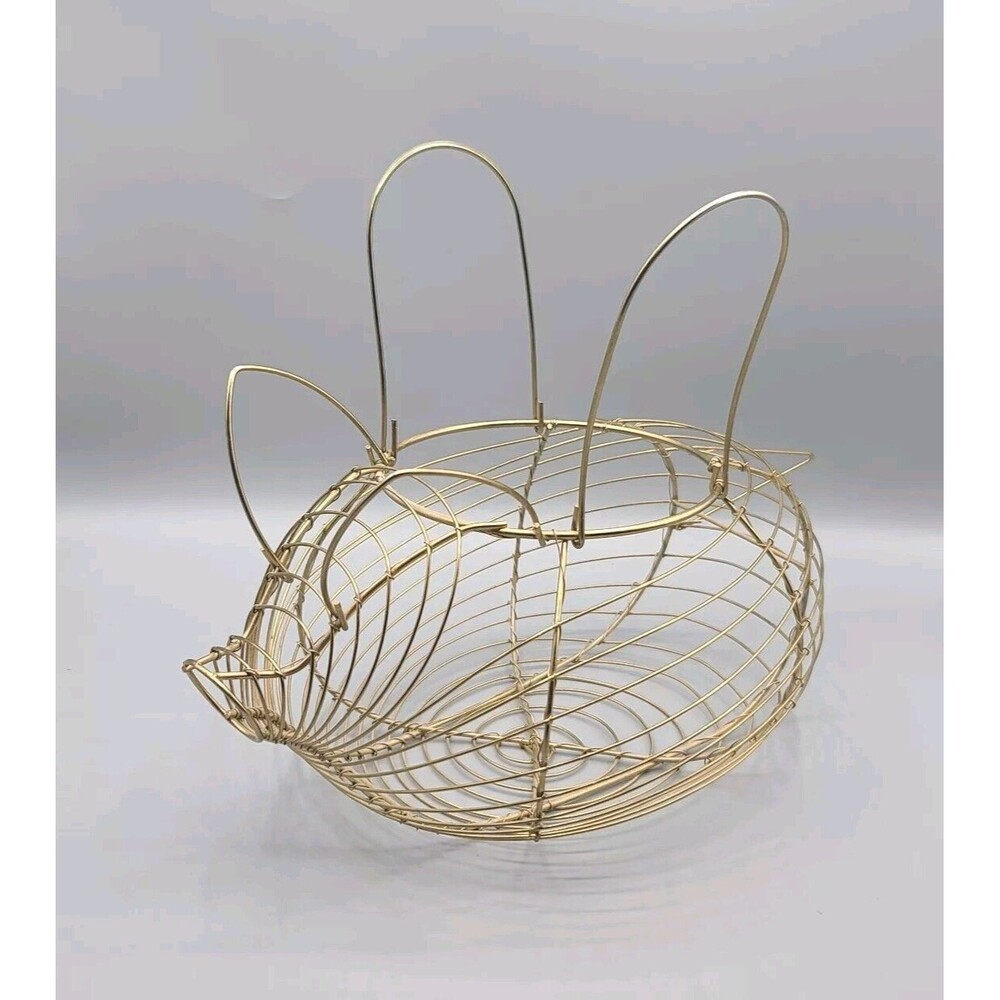 Vintage Pig Shaped Egg Basket Made of Gold Tone Metal Wire Farm House Decor